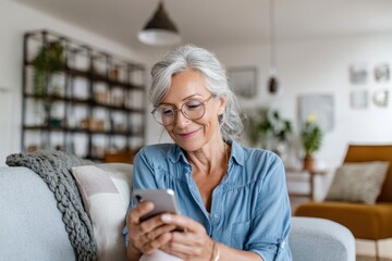 Smiling older woman with gray hair uses smartphone while sitting indoors.