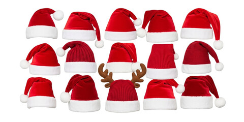 Large Collection of Red Santa Hats and Christmas Beanies with Antlers christmas hat red hat isolated on a transparent background