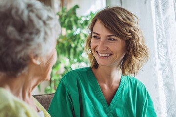 Smiling caregiver talking to an elderly woman indoors near a window.