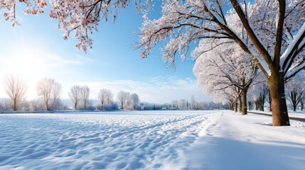 Winter rural wonderland landscape with golden sunlight, blue sky and beautiful snow-covered trees on a field