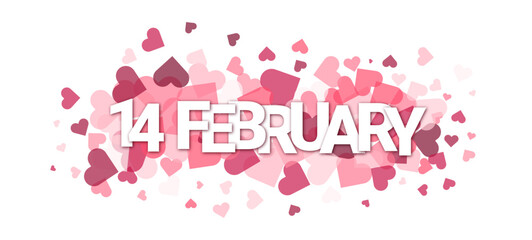 14 FEBRUARY typography vector banner with hearts cloud background