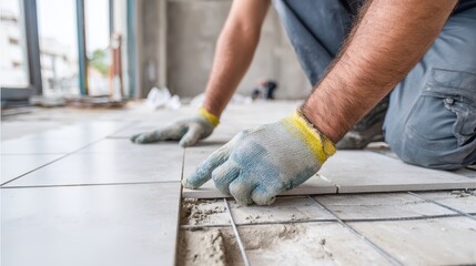 A construction worker precisely fitting tiles for raised flooring