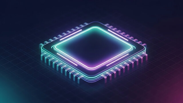 Glowing neon CPU isometric background representing futuristic high-speed processing and artificial intelligence technology - Powered by Adobe