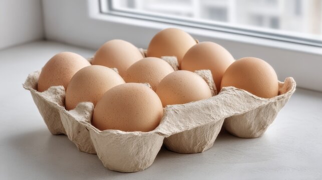A full carton of brown eggs resting near a window - Powered by Adobe
