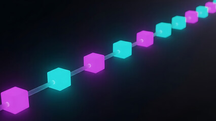 Glowing Blockchain cubes linked in a vibrant neon magenta and cyan futuristic data chain connection