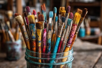 Fototapeta premium A colorful array of art paint brushes inside a glass jar