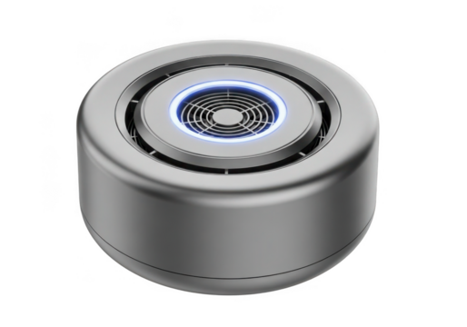 Modern silver air purifier isolated on transparent background with blue light and top vent, for home and office use cases