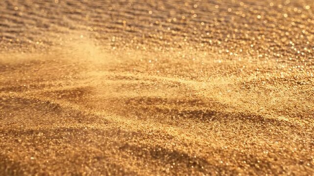 High angle aerial view of microscopic golden sand granules being rapidly scattered and dispersed by a powerful invisible gust of wind across a flat desert surface texture, desert, rapidly