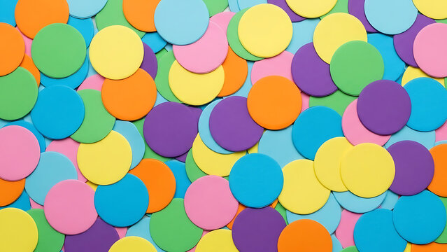 Full frame macro shot of vibrant overlapping multicolored circular foam pieces seamless background.