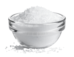 Spilled Salt Around Small Glass Bowl, Angled View, Isolated on Transparent Background.