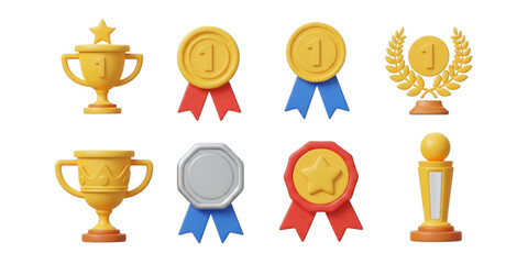 Collection of Golden Silver and Red Award Trophies Medals and Ribbons trophy isolated on a transparent background