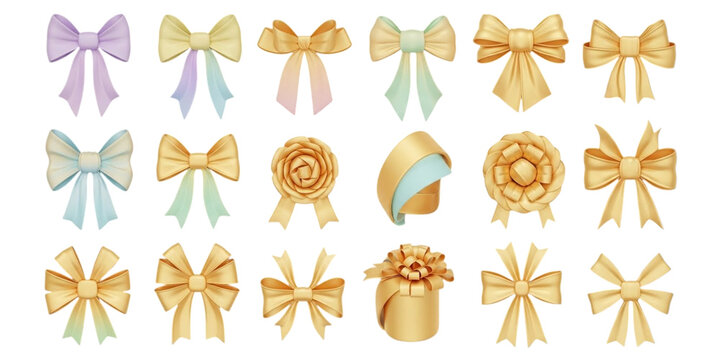Collection of Gold and Pastel Colored Bows Ribbons and Rosettes whisk isolated on a transparent background