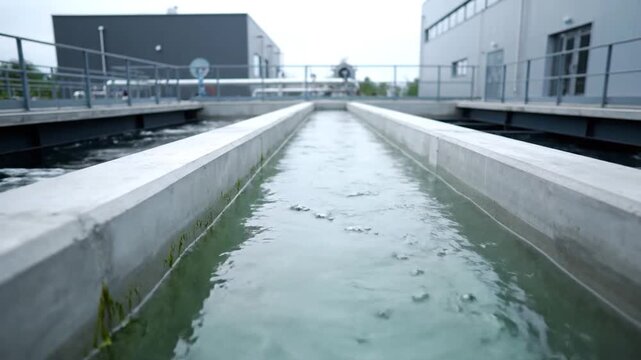 Outdoor Water Treatment Facility with Concrete Channels and Industrial Buildings in Soft Daylight Showing Clean Water Flowing Through Channels