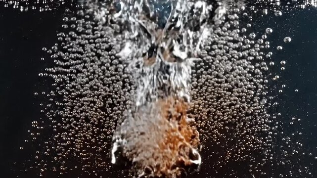 A captivating macro shot reveals countless tiny bubbles effervescing and ascending dynamically through a dark liquid. A central column, tinted with warm brown and orange hues, provides a striking cont