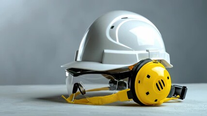 Protective hard hat, safety glasses, and yellow ear protection against workplace hazards. Essential for safe construction and industrial environments, preventing accidents.