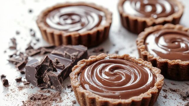 Video Four delicious chocolate tarts on a wooden table
