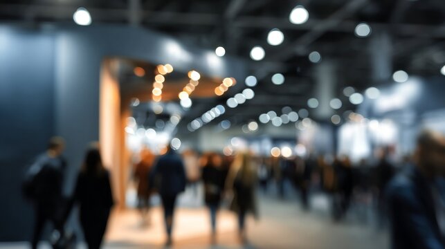 A lively scene unfolds in the convention center filled with blurred figures moving through bustling aisles, exploring vibrant displays and mingling with fellow attendees during a dynamic event