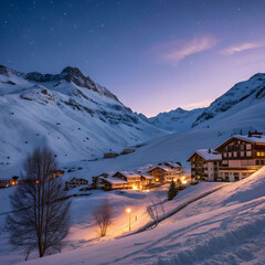 evening landscape and ski resort in french alps ti