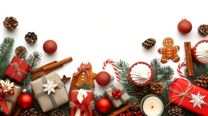 Cozy horizontal christmas background with gifts, cookies, candles, and festive decorations