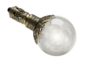 Steampunk light bulb with gears and intricate brass detailing, glowing, isolated on transparent background, for design elements and fantasy themes