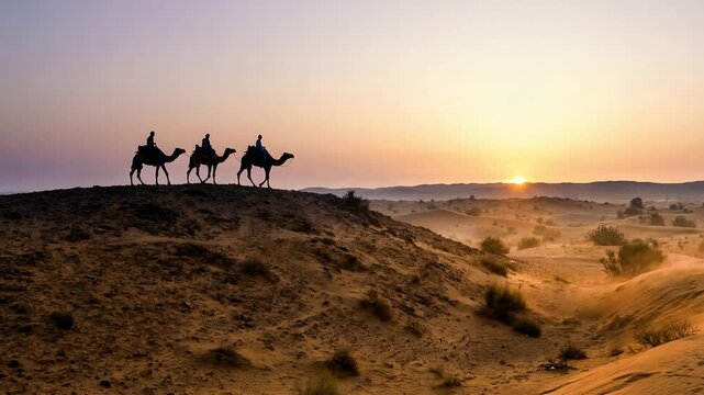 Silhouettes of three Magi ride camels across the desert at night, guided by the bright Star of Bethlehem as they journey to honor the newborn Jesus. A peaceful biblical scene under a glowing star-fill