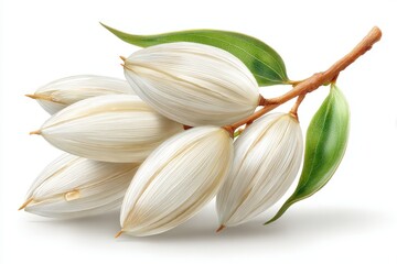 Close up of pale rice grain cluster with green leaves