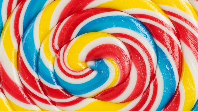 Vibrant macro shot of a striped spiral lollipop showing swirling red blue and yellow candy texture background