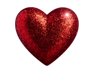 Tilted 3D Red Glitter Heart, Angled Side View, Isolated on Transparent Background.