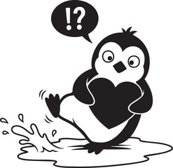 Surprised penguin slipping on ice while holding heart illustration