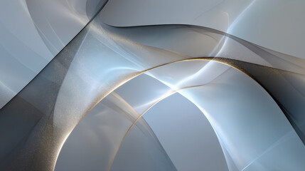 Elegant, high-key abstract background featuring soft, flowing sheer ribbons or veils of smoky light, intertwined with glittering golden particulate trails in shades of white, pale blue, and gray