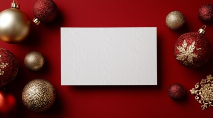 White paper card mockup with red and gold christmas ornaments on a deep red background