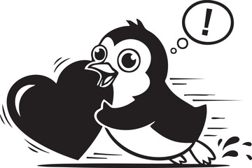 Excited penguin running while carrying heart illustration
