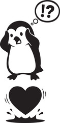 Surprised penguin watching heart splash on ground cartoon illustration