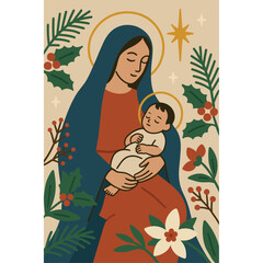 Madonna and Child &mdash; Holy Family Christmas Icon, Minimal Flat Style