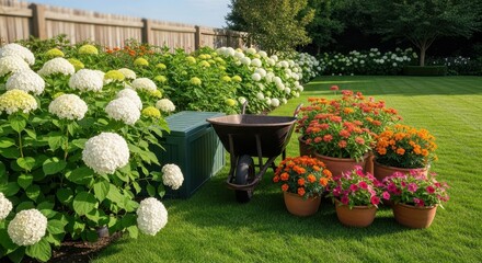 A dark wheelbarrow rests among vibrant blooming flowers in a lush green garden setting with a wooden fence and storage bin.