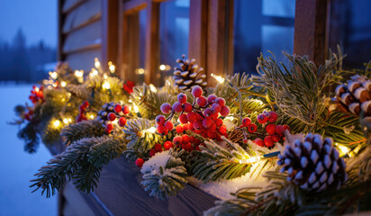 Close-up of an outdoor window box on a quaint, snow-dusted cottage, overflowing with festive, frost kissed evergreen boughs, bright red winterberries, and rustic pinecones