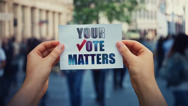 Hands hold a paper sheet with the message your vote matters over a crowded street background. People legal and democratic rights, every voice counts. Election campaign and electoral agitation concept