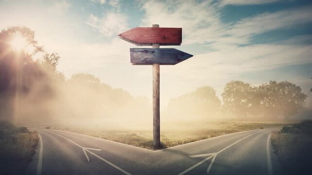 Surreal landscape with a split road and signpost arrows showing two different courses, left and right direction to choose. Road splits in distinct direction ways. Difficult decision, choice concept