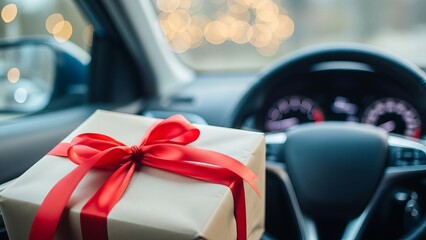 Wrapped gift with red ribbon sits on the passenger seat of a car during the holiday season