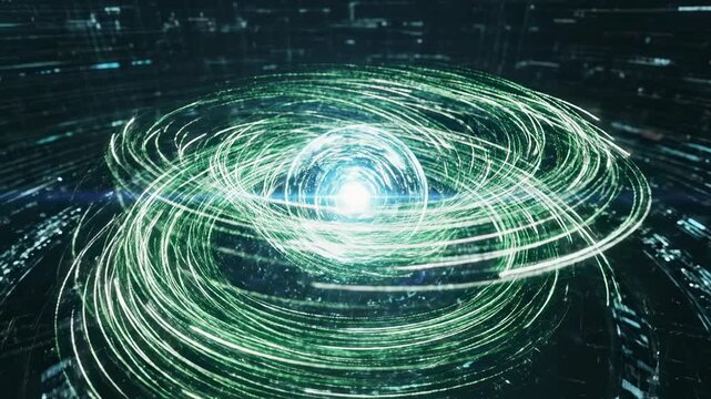 High-speed motion graphic depicting green and white quantum data streams rapidly swirling around a centralized energy core suitable for tech advertisements rapidly swirling, futuristic, flow