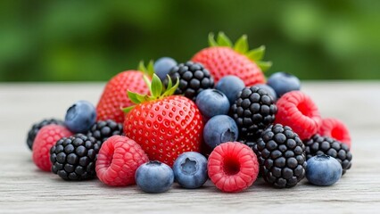 Fresh summer berries including strawberries raspberries blueberries and blackberries on wood