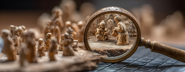Magnifying glass focusing on wooden figures with a person typing on a laptop, representing recruitment, talent search, HR evaluation, and candidate selection processes.