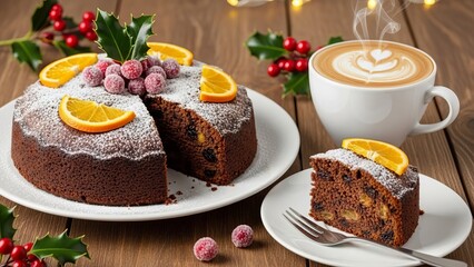 Festive christmas cake with orange slices and sugared cranberries served with a cup of cappuccino