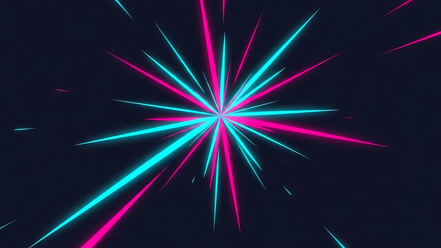 Dynamic neon starburst light rays on dark background; modern futuristic abstract design with vibrant cyan and magenta glowing lines.