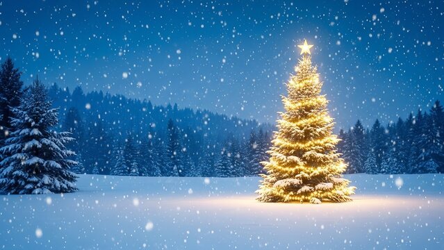 Christmas tree glows in a snowy winter landscape with falling snow and a star on top - Powered by Adobe