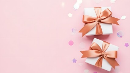 Elegant white gift boxes with rose gold ribbons on pink background