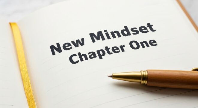 A golden pen poised to write 'New Mindset Chapter One' on a clean page, symbolizing a fresh start and personal growth.