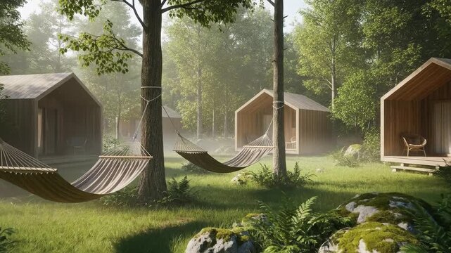 Wooden cabins and hammocks in a forest clearing under morning mist