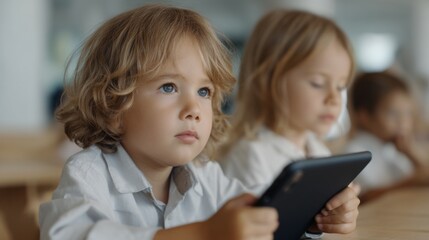 In a lively preschool classroom, young children focus intently on tablets, immersed in learning activities. The room is filled with bright colors and playful energy, fostering curiosity