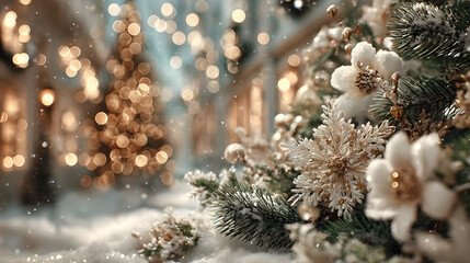 christmas white decoration and spruce tree close up bokeh lights background merry christmas and happy holidays greeting card frame banner new year noel winter festive xmas theme